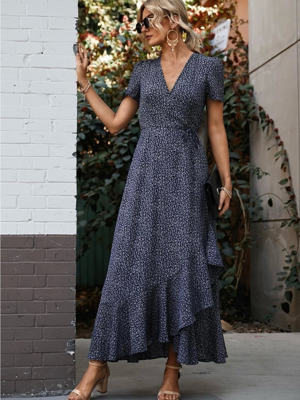 #52 Pretty Garden Floral Wrap Maxi Dress in Navy